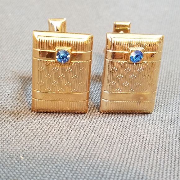 VTG Cufflinks gold tone rectangle blue rhinestone - Picture 4 of 6